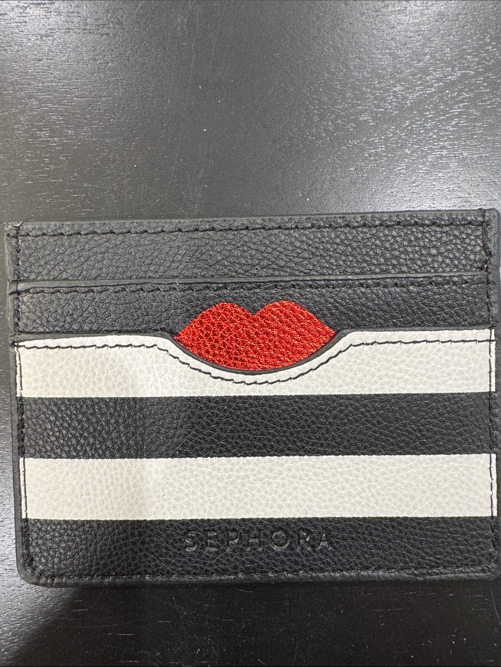 Sephora Black & White Striped Card Holder with Red Lip Detail